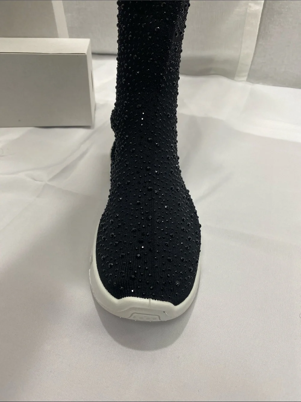 Black Over-the-Knee Embellished Sock Boots with White Sole